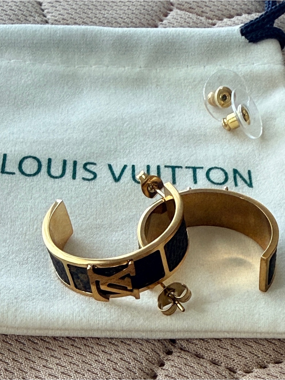 Louis Vuitton EUC Gold tone
Monogram over LV coated canvas   
1” Hoop Earrings - Picture 3 of 10